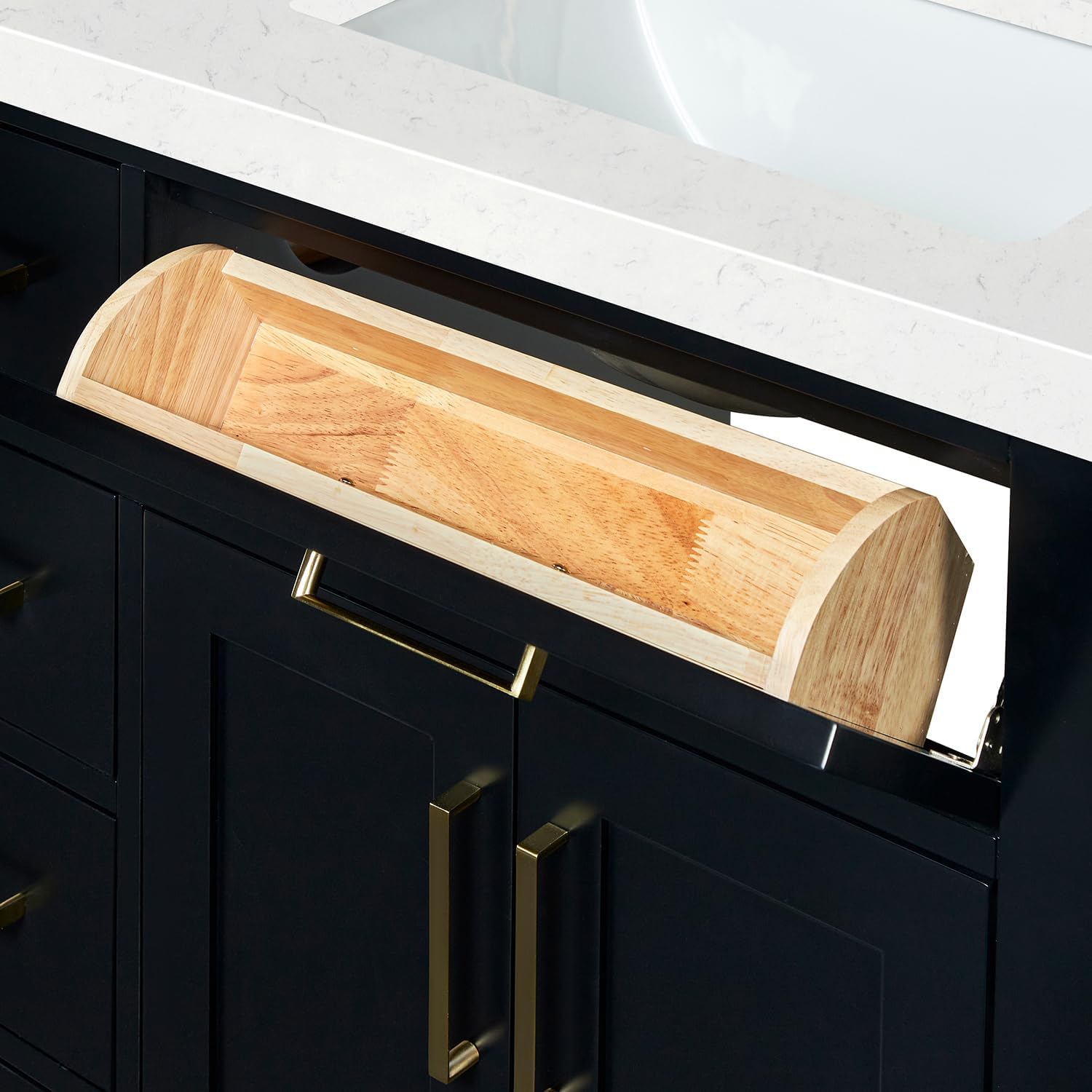 ARIEL Hepburn 36-inch Bathroom Vanity with Sink,Solid Wood, 1.5-inch Carrara White Quartz Countertop & Backsplash, Single Rectangular Porcelain Sink, 2 Soft Closing Doors, 5 Dovetail Drawers, Black
