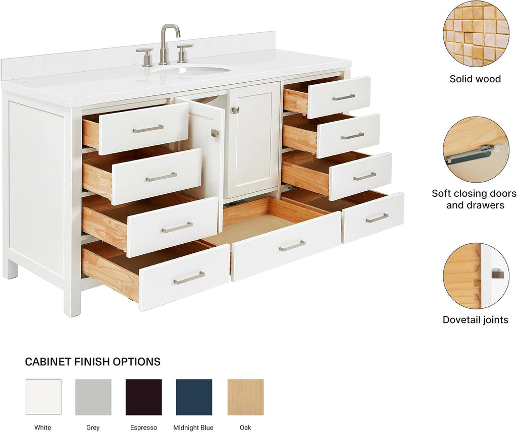 ARIEL Cambridge 66-inch Bathroom Vanity with Sink,Solid Wood, 1.5-inch Carrara White Quartz Countertop & Backsplash, Single Oval Porcelain Sink, 2 Soft Closing Doors, 9 Dovetail Drawers, White