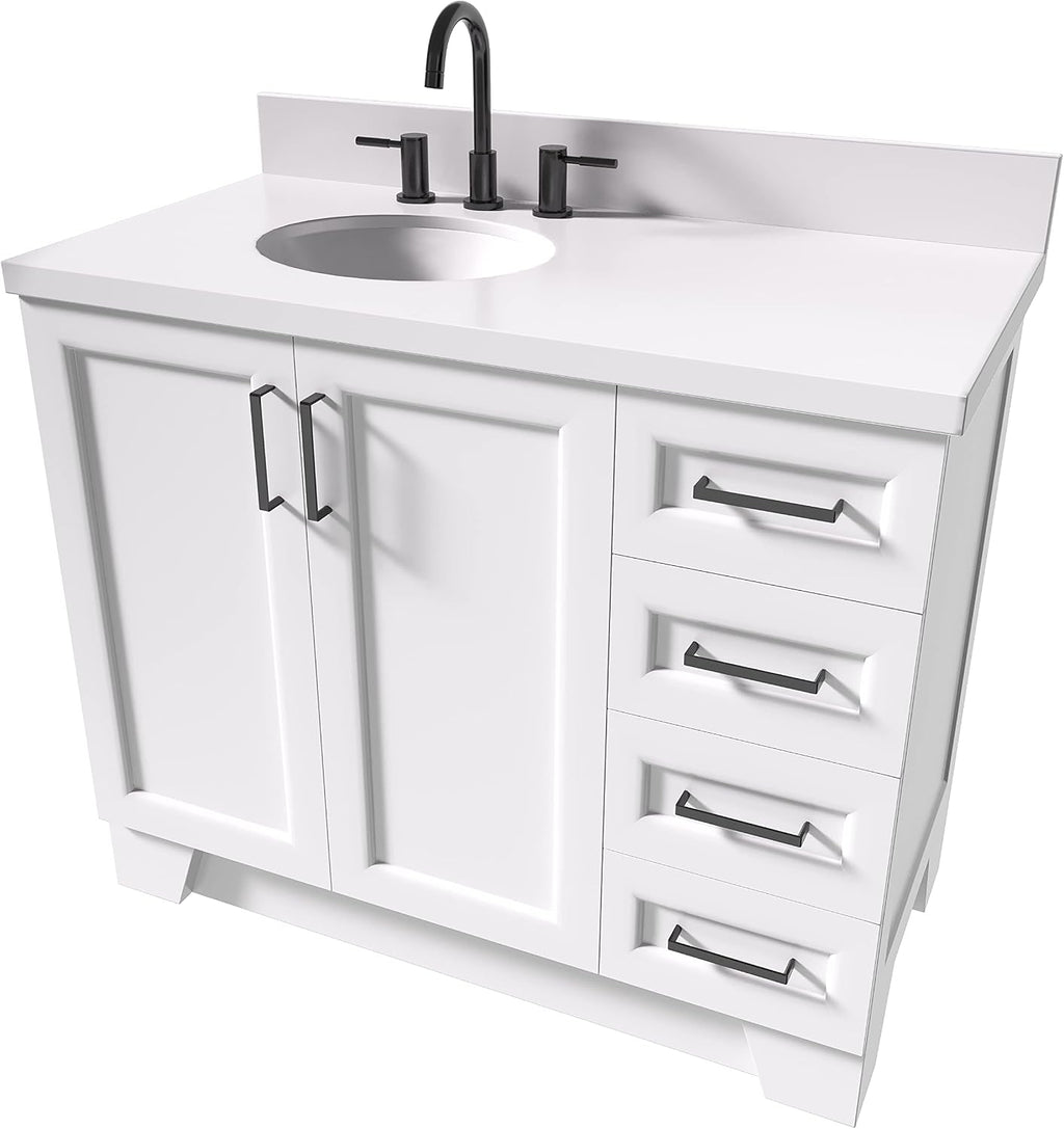 ARIEL Taylor 42-inch Bathroom Vanity with Sink,Solid Wood, 1.5-inch Pure White Quartz Countertop & Backsplash, Single Oval Porcelain Sink, 2 Soft Closing Doors, 5 Dovetail Drawers, White