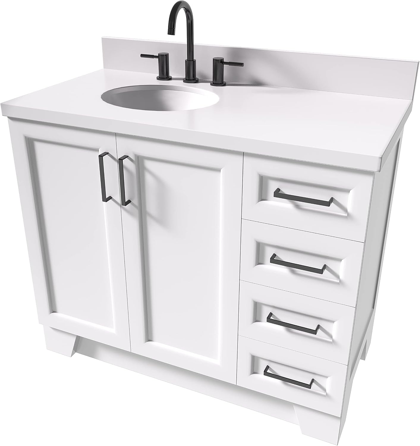ARIEL Taylor 42-inch Bathroom Vanity with Sink,Solid Wood, 1.5-inch Pure White Quartz Countertop & Backsplash, Single Oval Porcelain Sink, 2 Soft Closing Doors, 5 Dovetail Drawers, White
