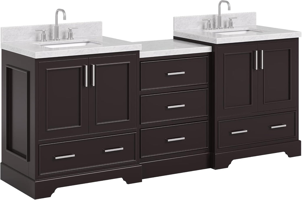 ARIEL Stafford 84-inch Bathroom Vanity with Sink,Solid Wood, 1.5in Italian Carrara Marble Countertop, Double Rectangular Porcelain Sink, 4 Soft Closing Doors, 5 Dovetail Drawers, Espresso