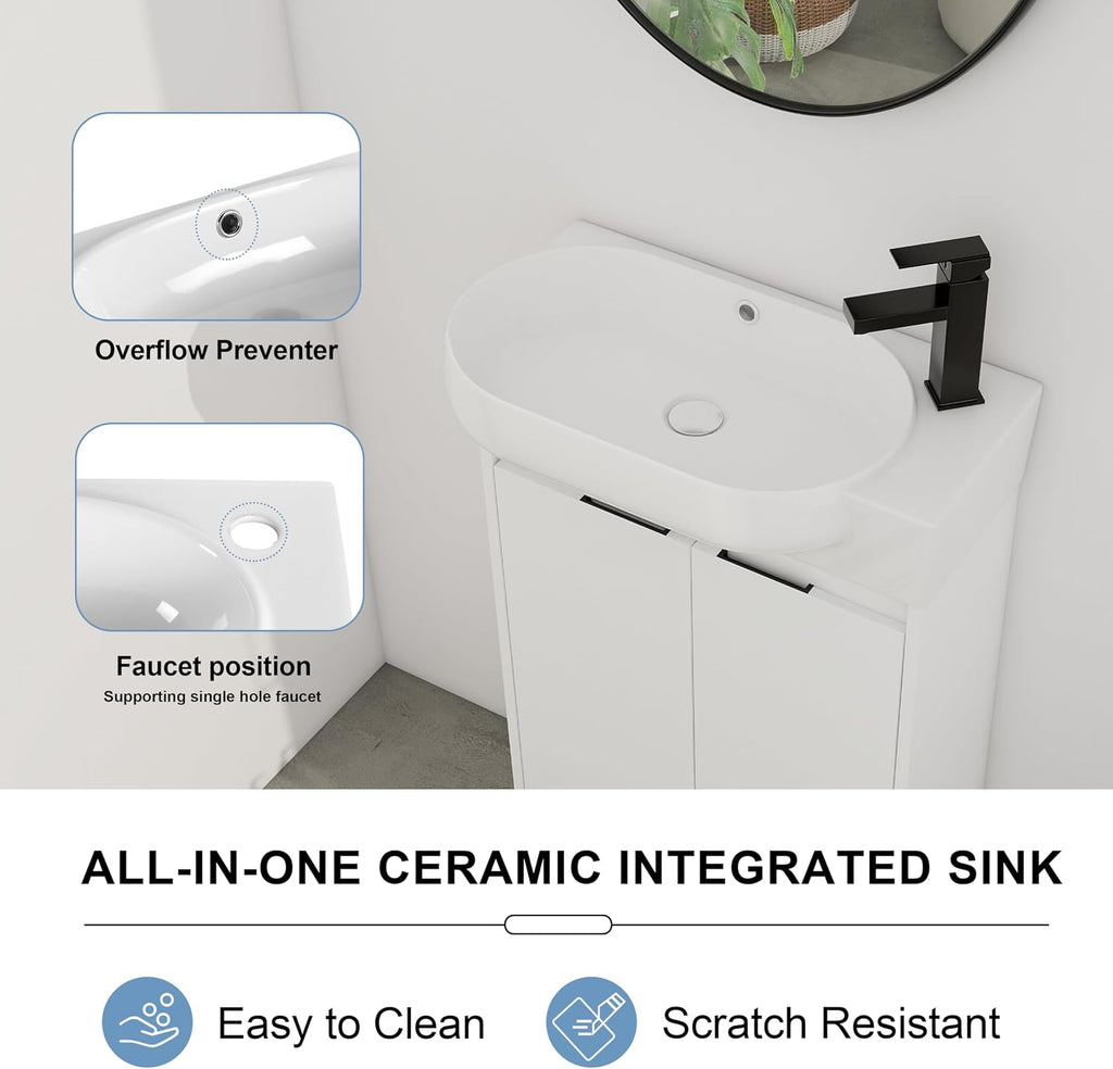 23' Small Bathroom Vanity with Sink, Freestanding Cabinet with Round Ceramic Basin, Soft Closing Doors, Adjustable Shelves, Modern Single Sink for Small Space, White
