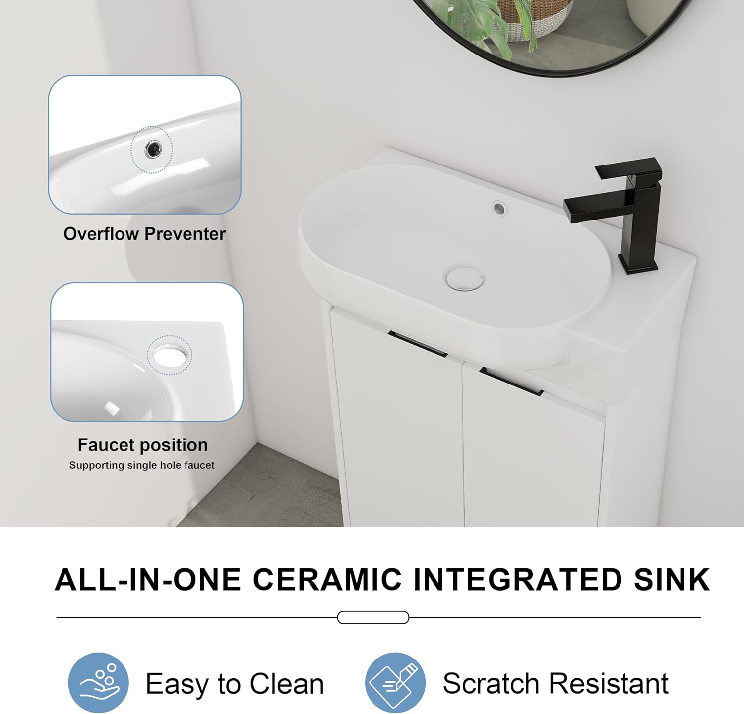23' Small Bathroom Vanity with Sink, Freestanding Cabinet with Round Ceramic Basin, Soft Closing Doors, Adjustable Shelves, Modern Single Sink for Small Space, White