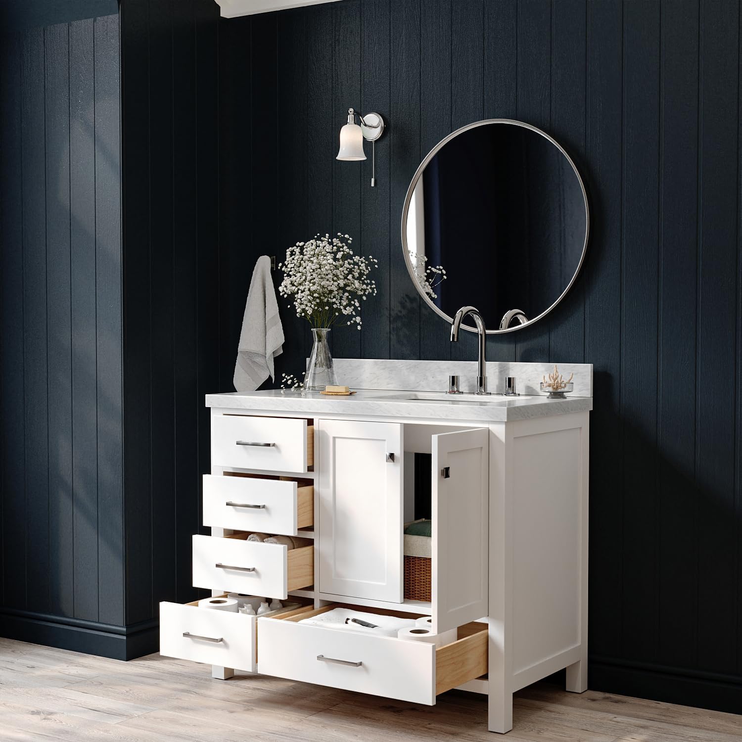 ARIEL Cambridge 42-inch Bathroom Vanity with Sink,Solid Wood, 1.5-inch Italian Carrara Marble Countertop, Single Rectangular Porcelain Sink, 2 Soft Closing Doors, 5 Dovetail Drawers, White