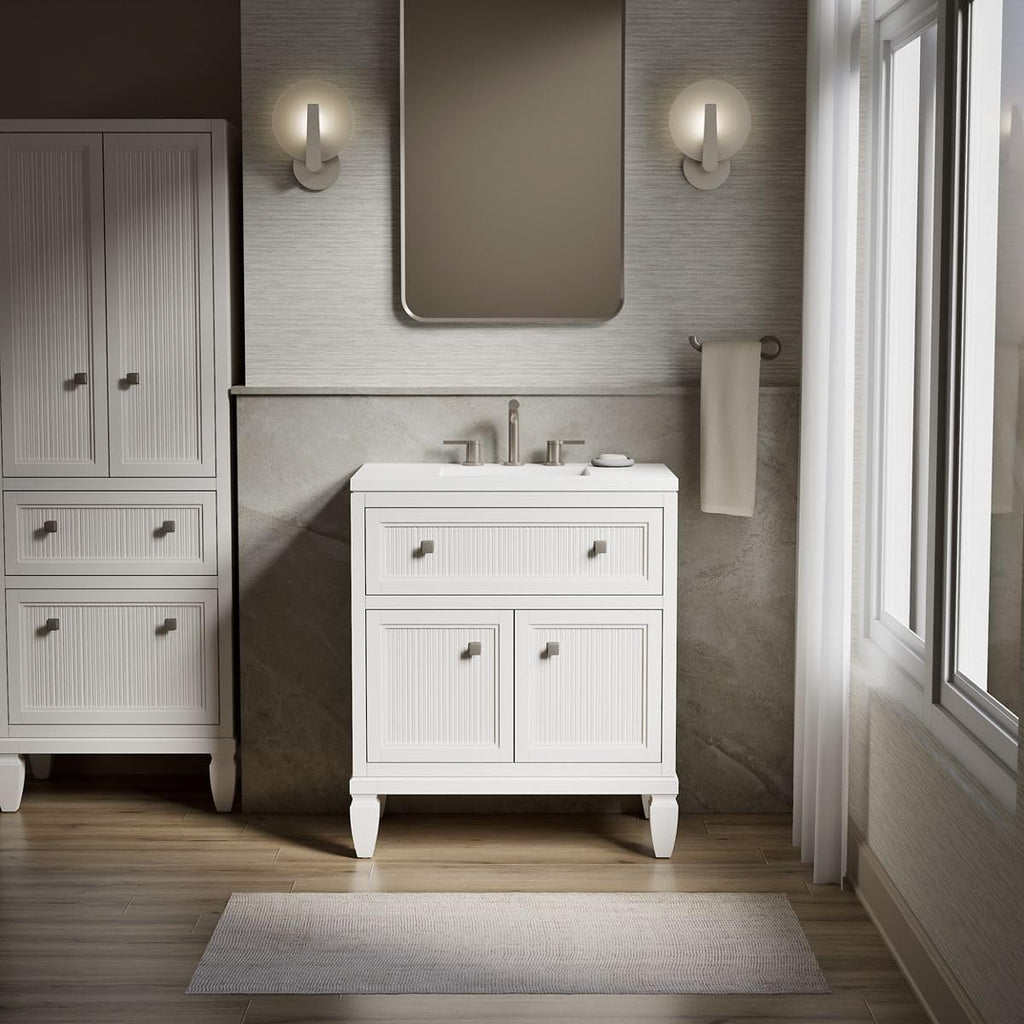 Kohler Hearthaven 30 Inch Bathroom Vanity Cabinet with White Single Sink and Quartz Top, Modern Bathroom Vanity, White, K-33536-ASB-0