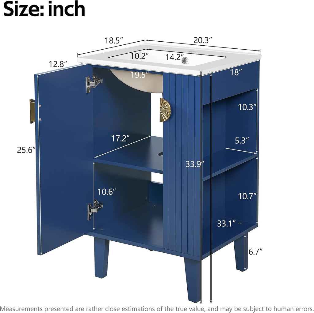 VilroCaz Modern 20'' Bathroom Vanity with Top Ceramic Sink, Freestanding Single Vanity Set Bathroom Storage Cabinet with Soft Closing Door, Chic Half-Moon Pulls (Blue-10.16)
