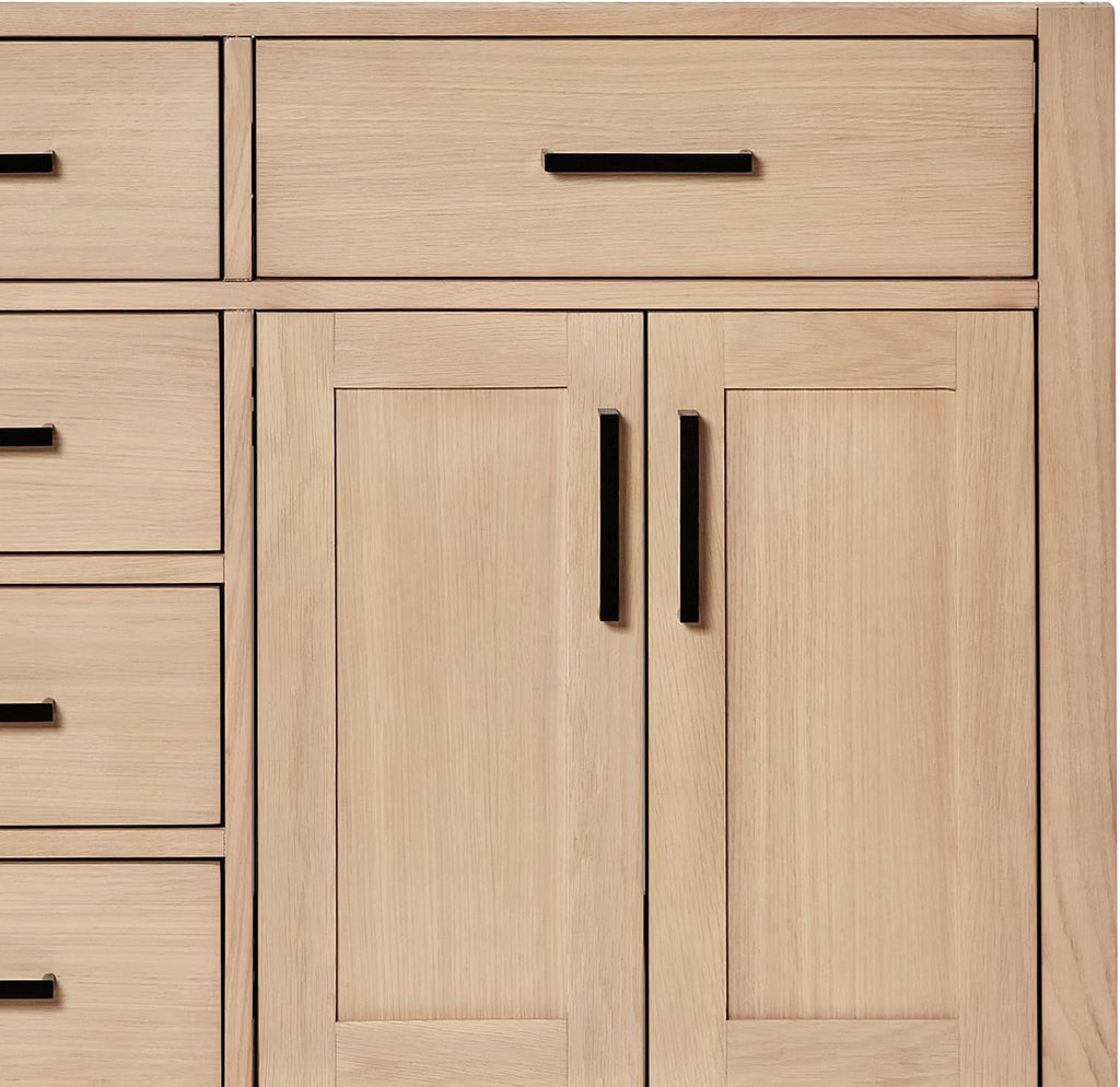 ARIEL Hepburn 60-inch Bathroom Vanity with Sink,Solid Wood, 1.5-inch Carrara White Quartz Countertop & Backsplash, Double Oval Porcelain Sink, 4 Soft Closing Doors, 6 Dovetail Drawers, White Oak