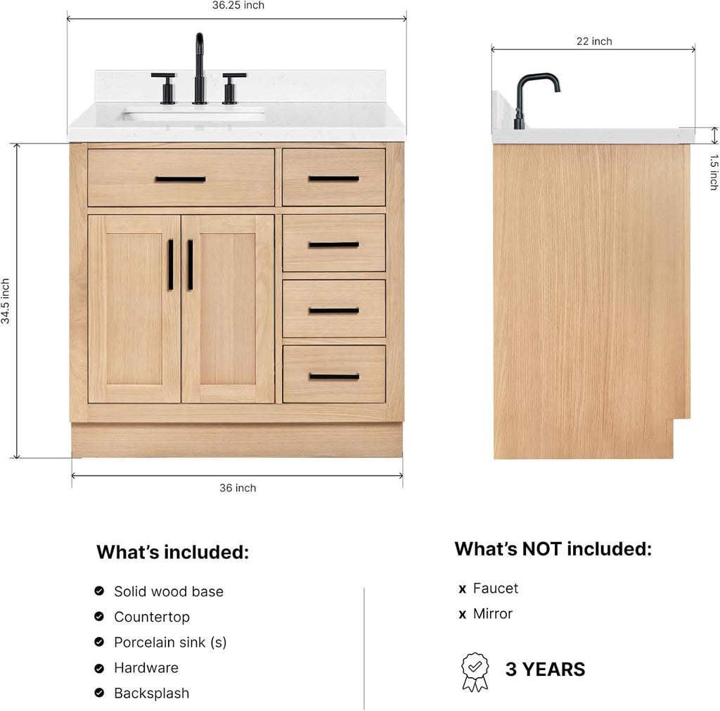 DKB Isabella 36-Inch Oak Bathroom Vanity with Sink, Carrara White Quartz Countertop 1.5' Edge, Left Single Rectangular Sink, 2 Soft Closing Doors, 5 Drawers, Solid Wood Frame