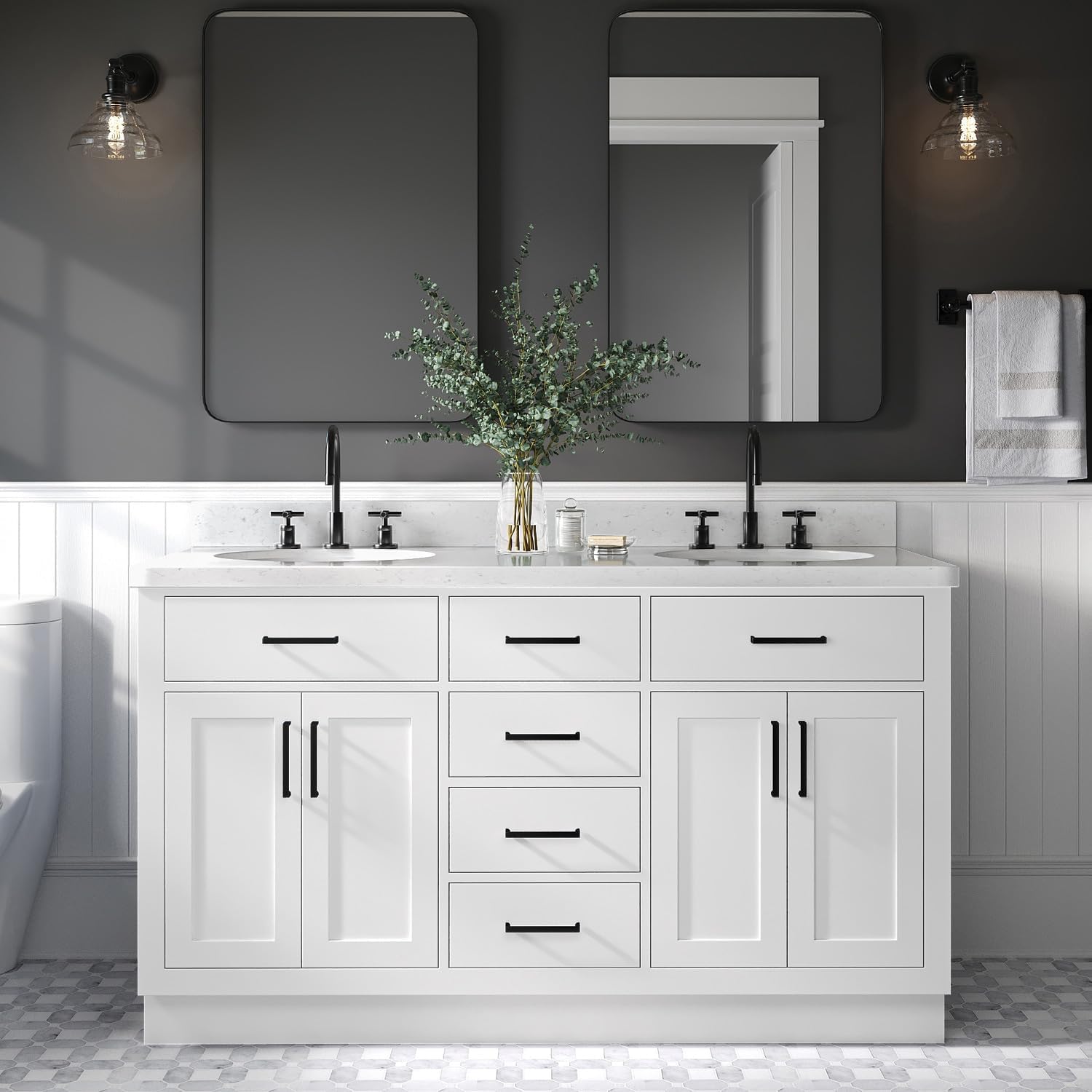 ARIEL Hepburn 60-inch Bathroom Vanity with Sink,Solid Wood, 1.5-inch Carrara White Quartz Countertop & Backsplash, Double Oval Porcelain Sink, 4 Soft Closing Doors, 6 Dovetail Drawers, White