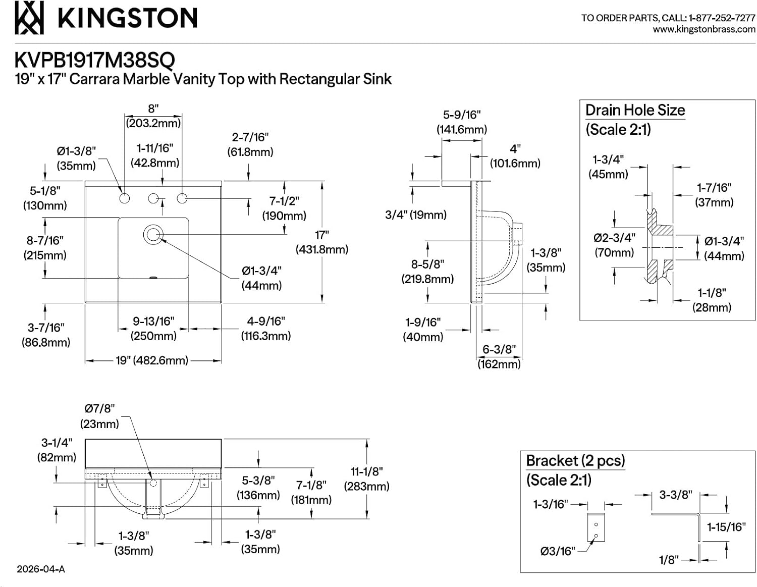 Kingston Brass KVPB1917M38SQ Fredrickson 19-Inch Carrara Marble Vanity Sink Top (8' Faucet Drillings) in Carrara White