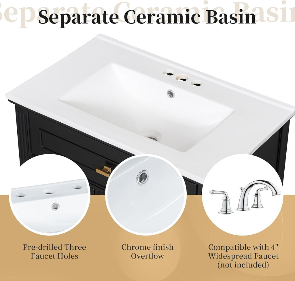 Harper & Bright Designs 30' Bathroom Vanity with Sink, Free Standing Vanity Set with Tip-Out Drawer, 2 Drawers, and Adjustable Shelf, Wood Bathroom Cabinet with Ceramic Basin for Bathroom, Black