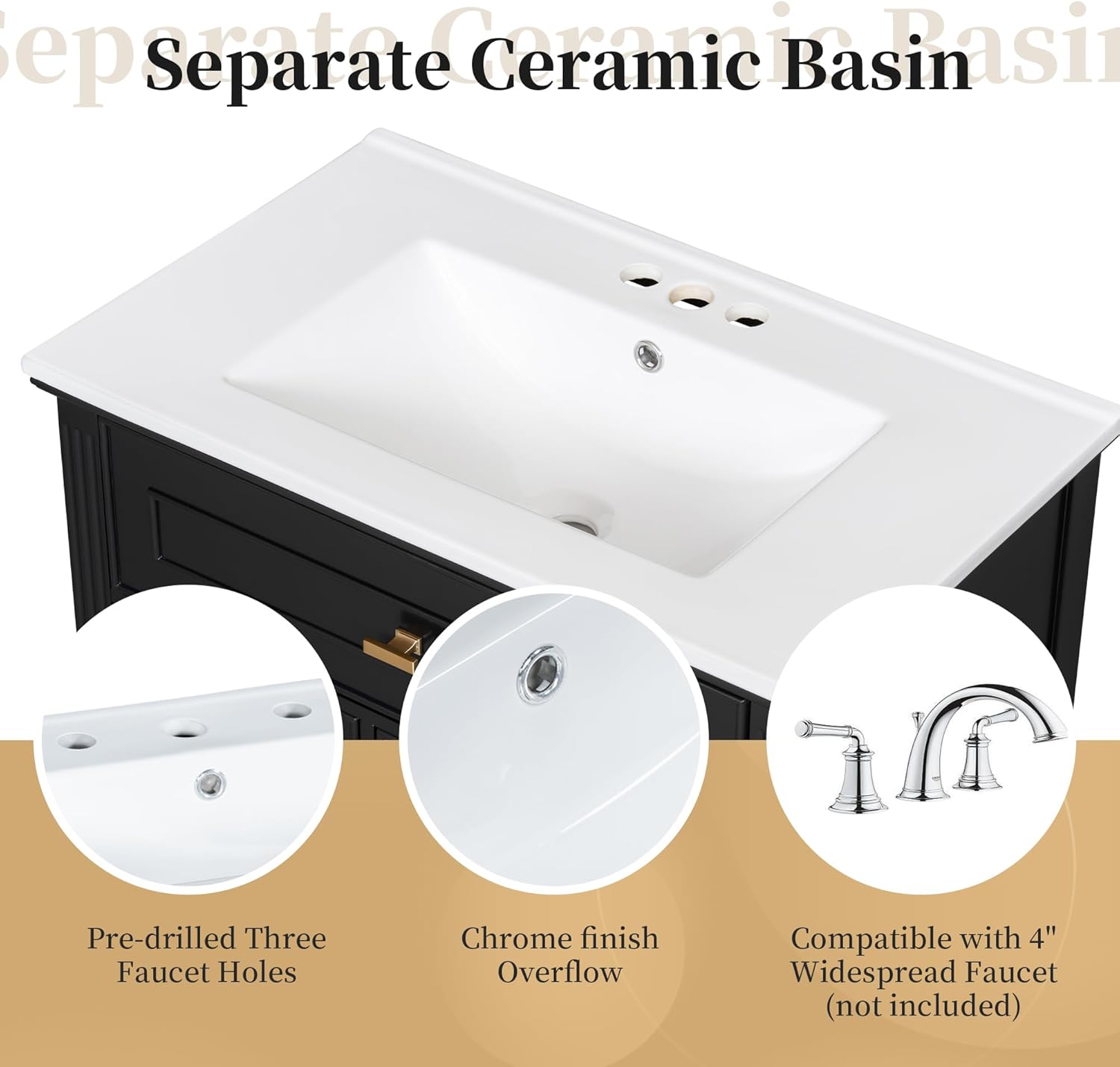 Harper & Bright Designs 30' Bathroom Vanity with Sink, Free Standing Vanity Set with Tip-Out Drawer, 2 Drawers, and Adjustable Shelf, Wood Bathroom Cabinet with Ceramic Basin for Bathroom, Black