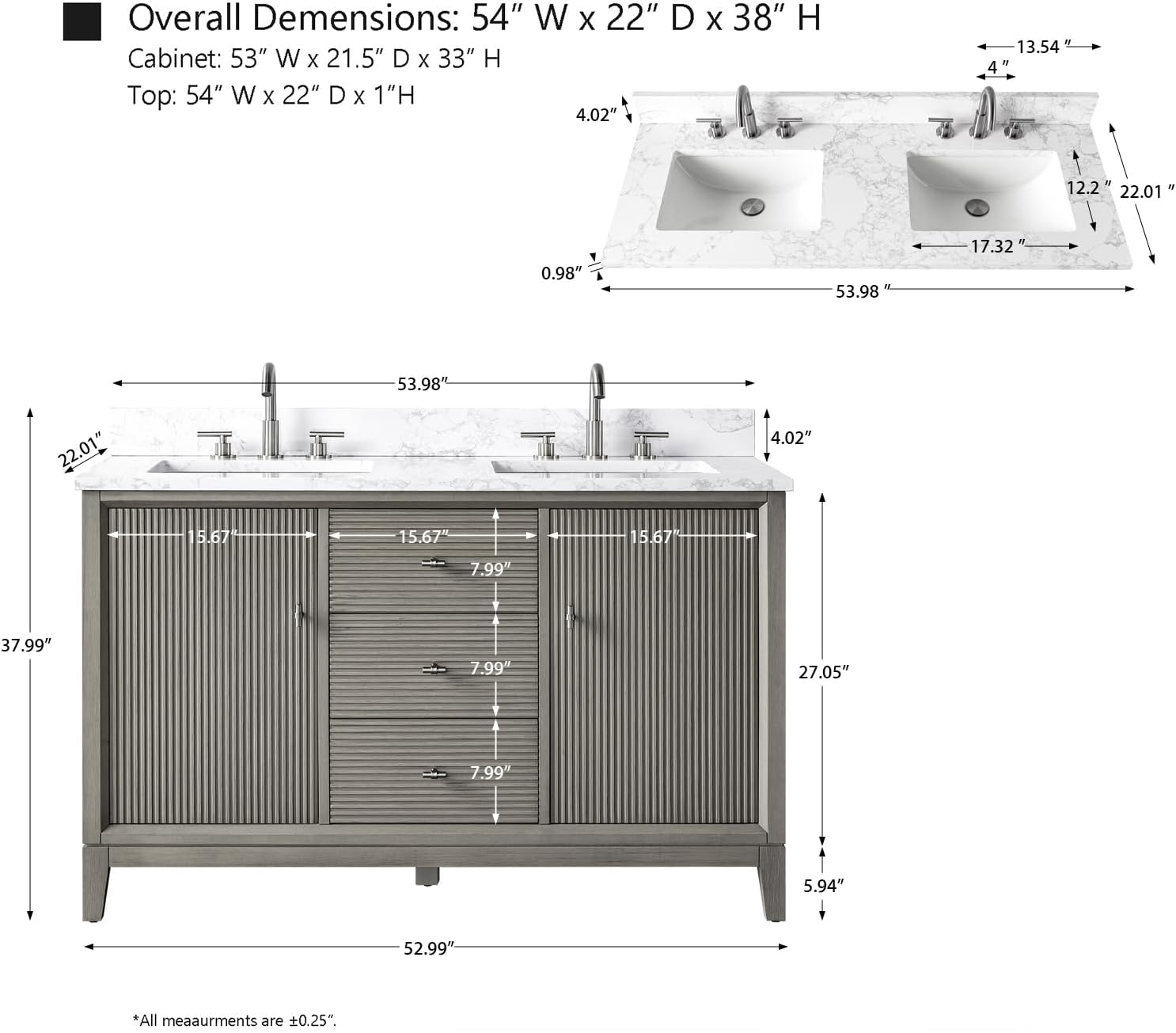 HOMEBEYOND 54' Bathroom Vanity with Double Sink & Engineered Marble Top, Solid Wood Frame, Linear Pattern & Soft Close Door | Golden Brushed Handware, Driftwood Gray