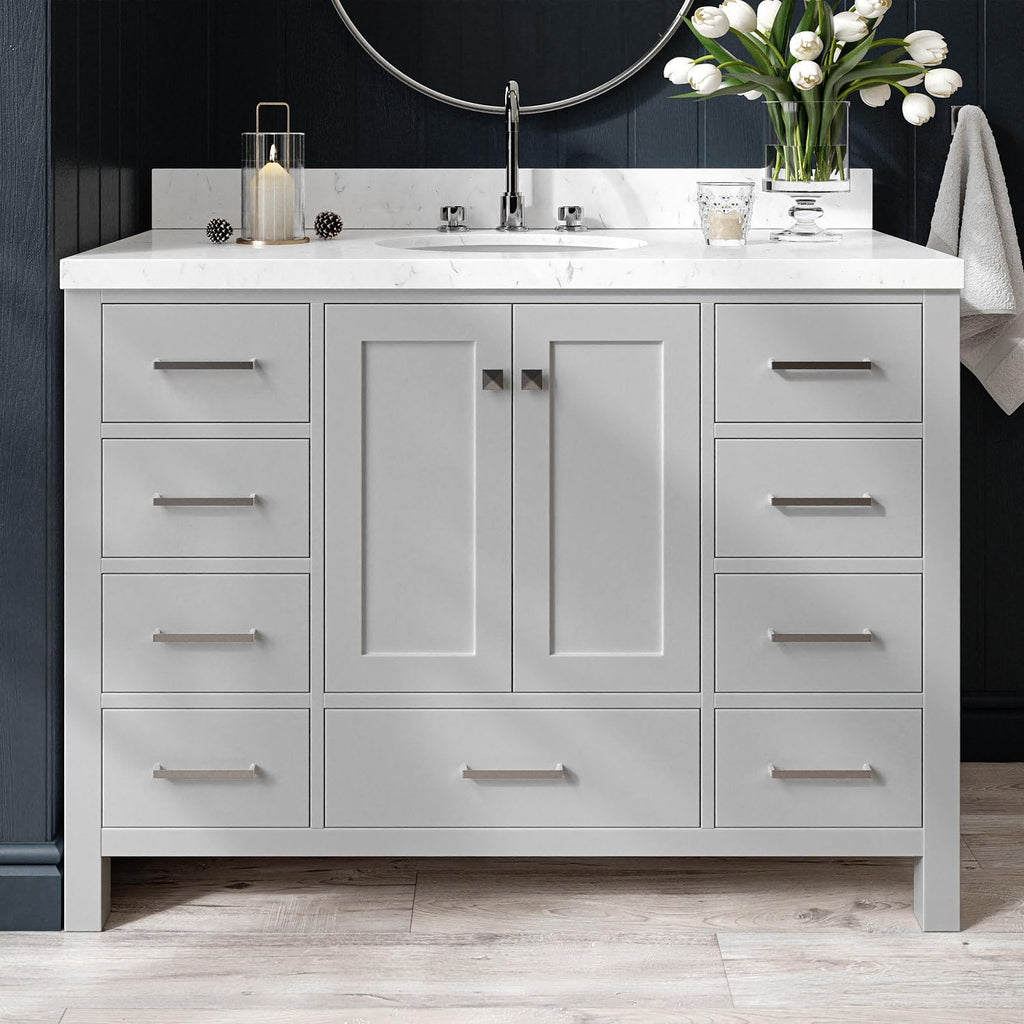 ARIEL Cambridge 48-inch Bathroom Vanity with Sink,Solid Wood, 1.5-inch Carrara White Quartz Countertop & Backsplash, Single Oval Porcelain Sink, 2 Soft Closing Doors, 9 Dovetail Drawers, Grey