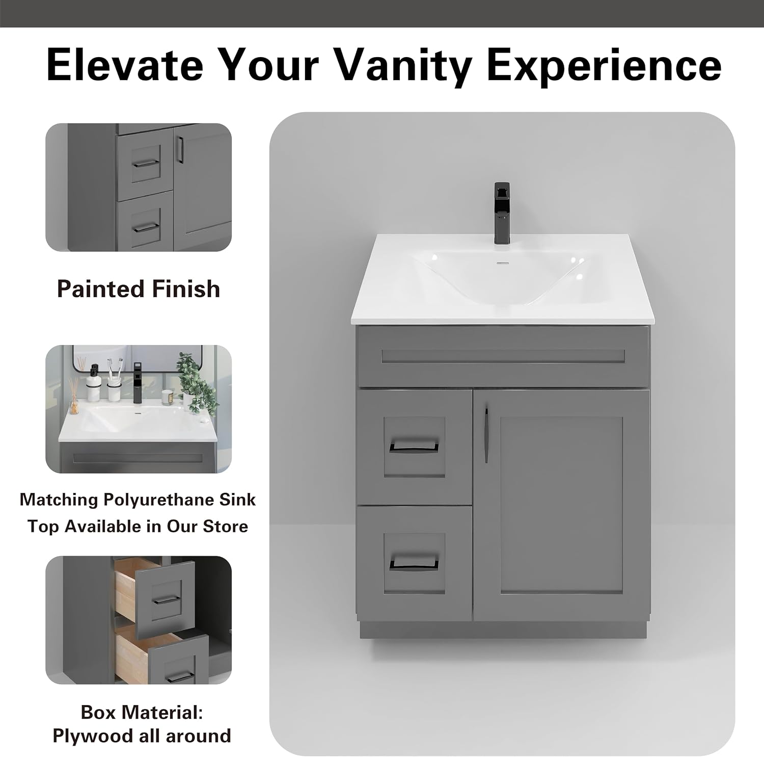 30' Shaker Bathroom Vanity Sink Base with Drawers (Ready-to-Assemble) (Grey Shaker Vanity Base)
