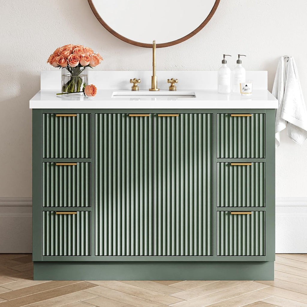 ARIEL Milan 48-inch Bathroom Vanity with Sink,Solid Wood, 1.5-inch Pure White Quartz Countertop, Single Rectangular Porcelain Sink, Soft Closing Doors, Dovetail Drawers, Vintage Green