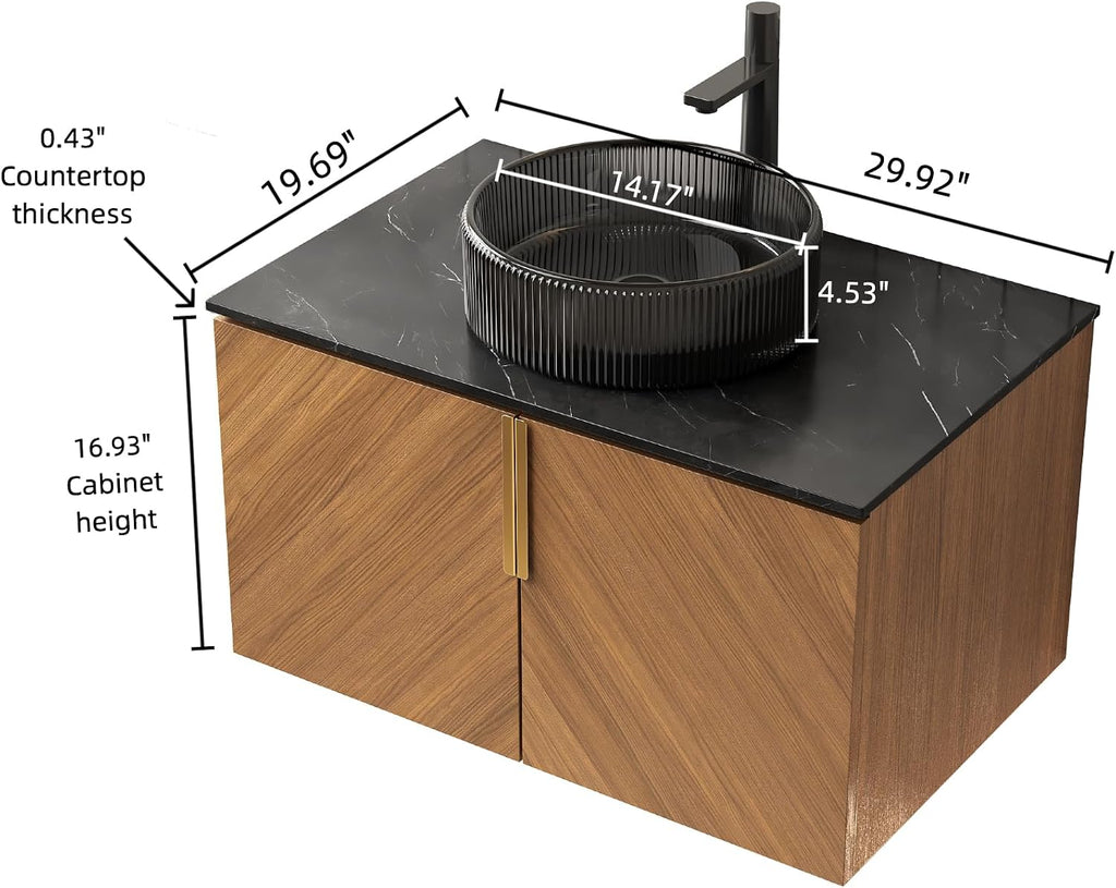 LKTART 30 Inch Bathroom Vanity with Sink, Modern Wall Mounted Bathroom Sink with 2 Doors, Black Sintered Stone Countertop and Black Round Glass Basin, Brown