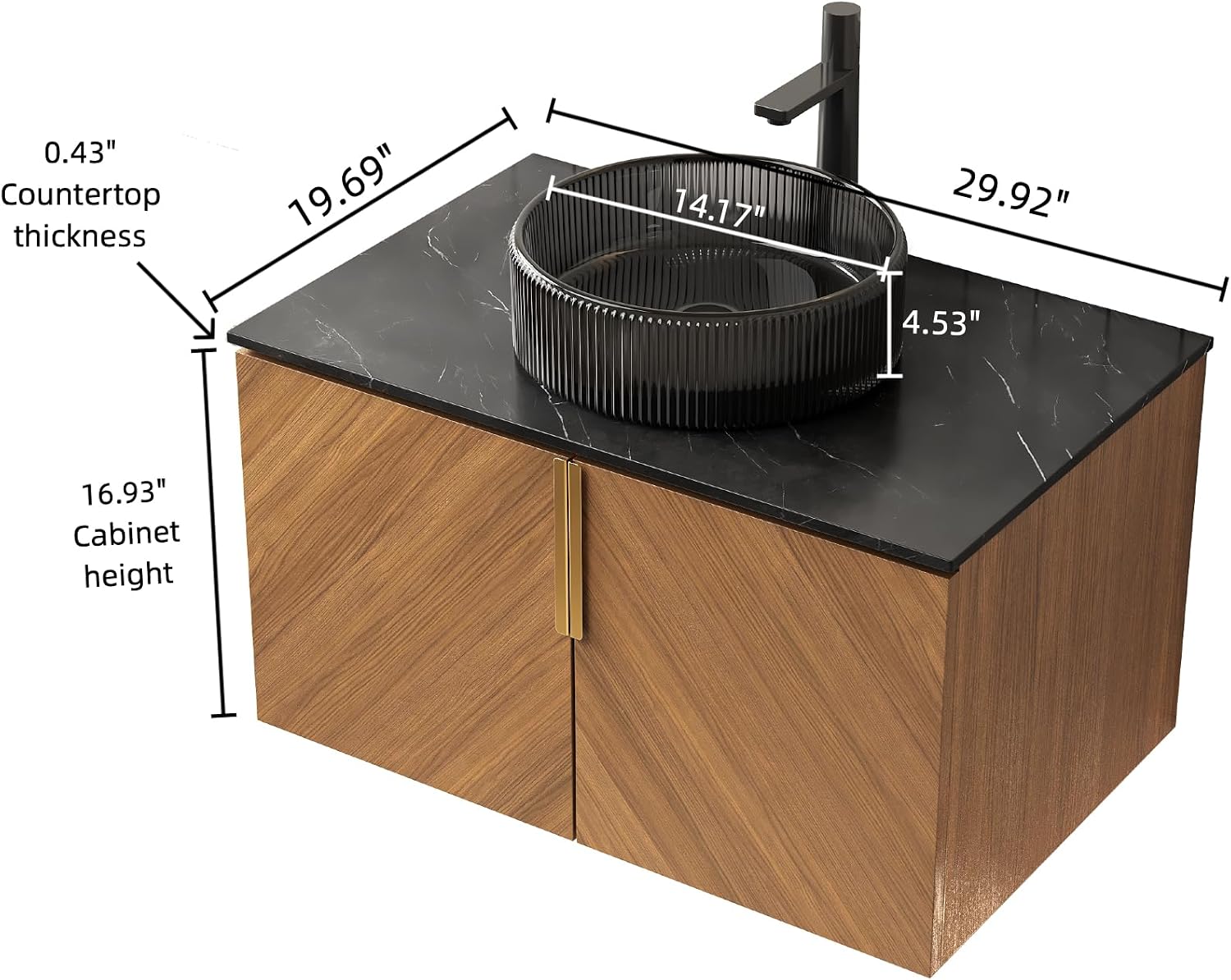 LKTART 30 Inch Bathroom Vanity with Sink, Modern Wall Mounted Bathroom Sink with 2 Doors, Black Sintered Stone Countertop and Black Round Glass Basin, Brown