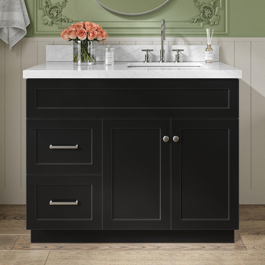 ARIEL Hamlet 42-inch Bathroom Vanity with Sink,Solid Wood, 1.5-inch Italian Carrara Marble Countertop, Single Rectangular Porcelain Sink, 2 Soft Closing Doors, 2 Dovetail Drawers, Black