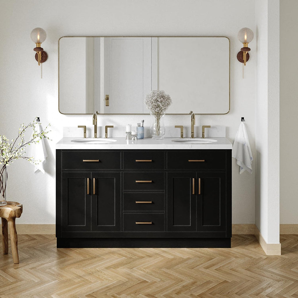 ARIEL Hepburn 60-inch Bathroom Vanity with Sink,Solid Wood, 1.5-inch Carrara White Quartz Countertop & Backsplash, Double Oval Porcelain Sink, 4 Soft Closing Doors, 6 Dovetail Drawers, Black