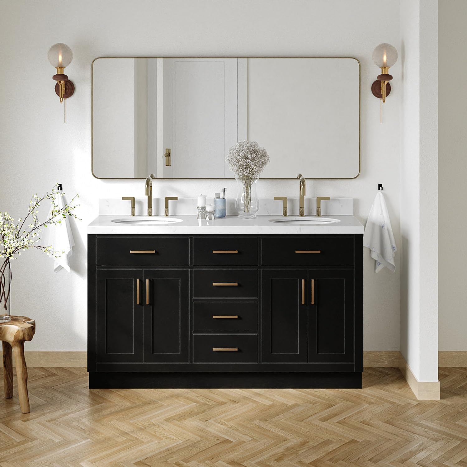 ARIEL Hepburn 60-inch Bathroom Vanity with Sink,Solid Wood, 1.5-inch Carrara White Quartz Countertop & Backsplash, Double Oval Porcelain Sink, 4 Soft Closing Doors, 6 Dovetail Drawers, Black