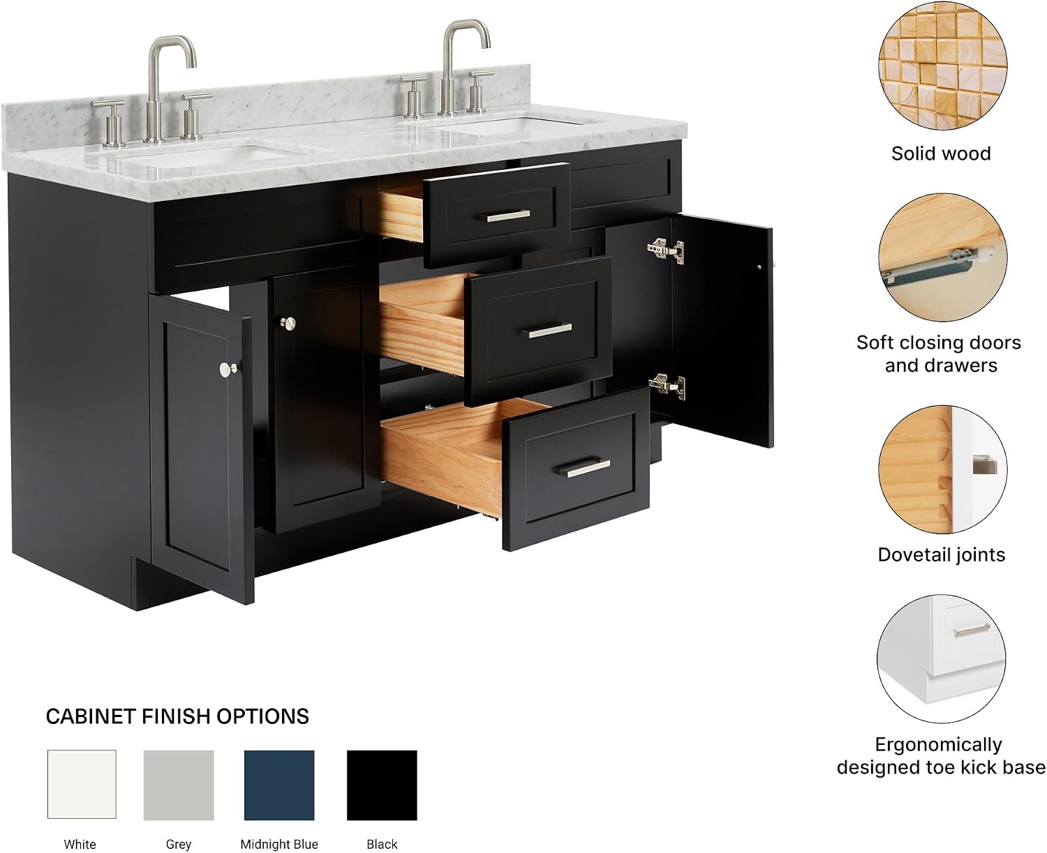 ARIEL Hamlet 66-inch Bathroom Vanity with Sink,Solid Wood, 1.5-inch Italian Carrara Marble Countertop, Double Rectangular Porcelain Sink, 4 Soft Closing Doors, 3 Dovetail Drawers, Black