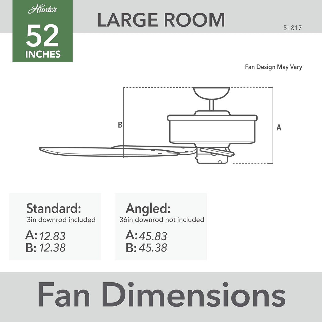 Hunter 52 inch Indoor Ceiling Fan No Light - Black Ceiling Fan without Light, 6 Blades, Standard Mount, For Bedroom, Living Room, or Kitchen, Pull Chain - Gilrock 51817, Matte Black