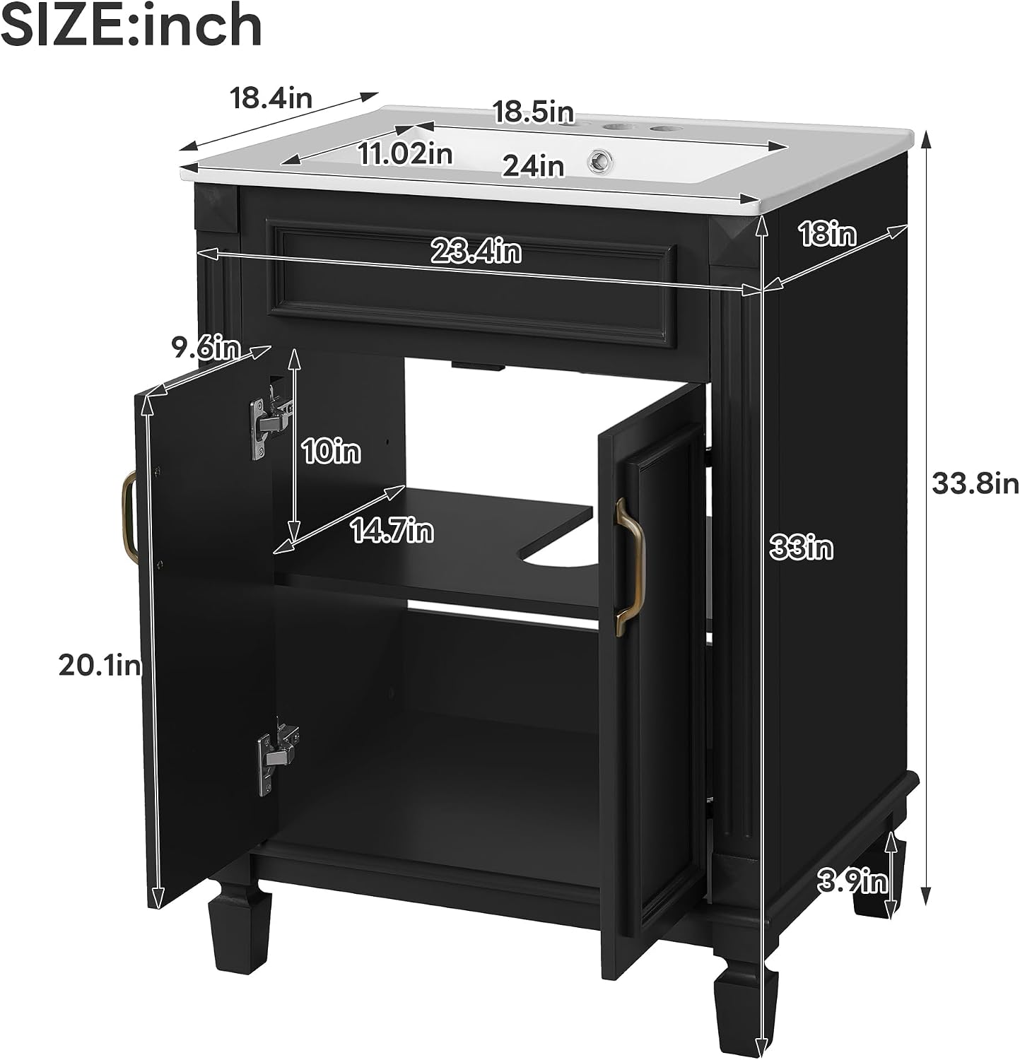 24 Inch Black Bathroom Vanity with Sink,Modern Bathroom Vanity with Intergrated Countertop & 2 Tier Storage Cabinet,Soft-Closing Doors with Gold Handles,Adjustable Shelf,Solid Wood Frame