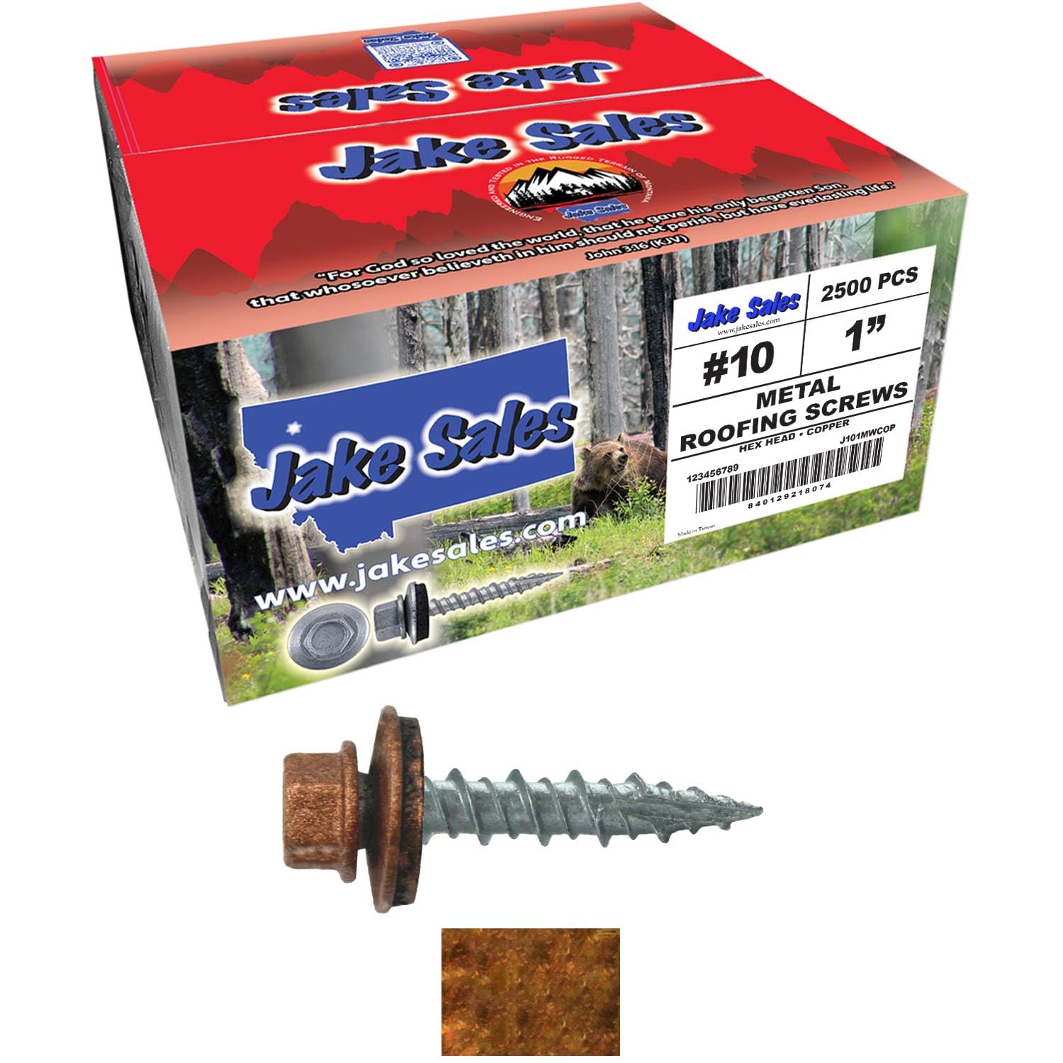 10 x 1 Copper Metal Roofing Screws - Hex Washer Head- Self-Starting/Tapping - EPDM Washer. 10 X 250 Bags - 2,500 Screws