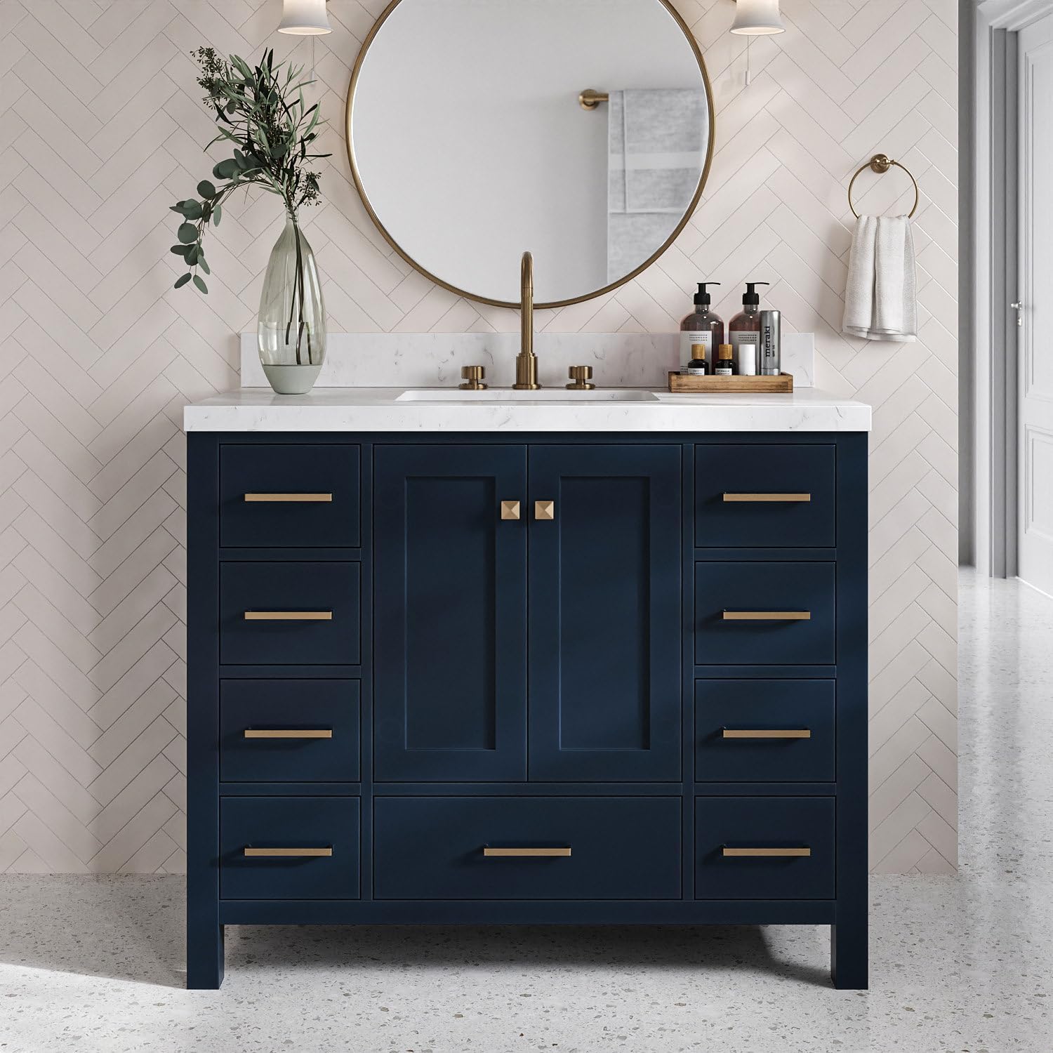 ARIEL Cambridge 42-inch Bathroom Vanity with Sink,Solid Wood, 1.5-inch Carrara White Quartz Countertop, Single Rectangular Porcelain Sink, 2 Soft Closing Doors, 9 Dovetail Drawers, Midnight Blue