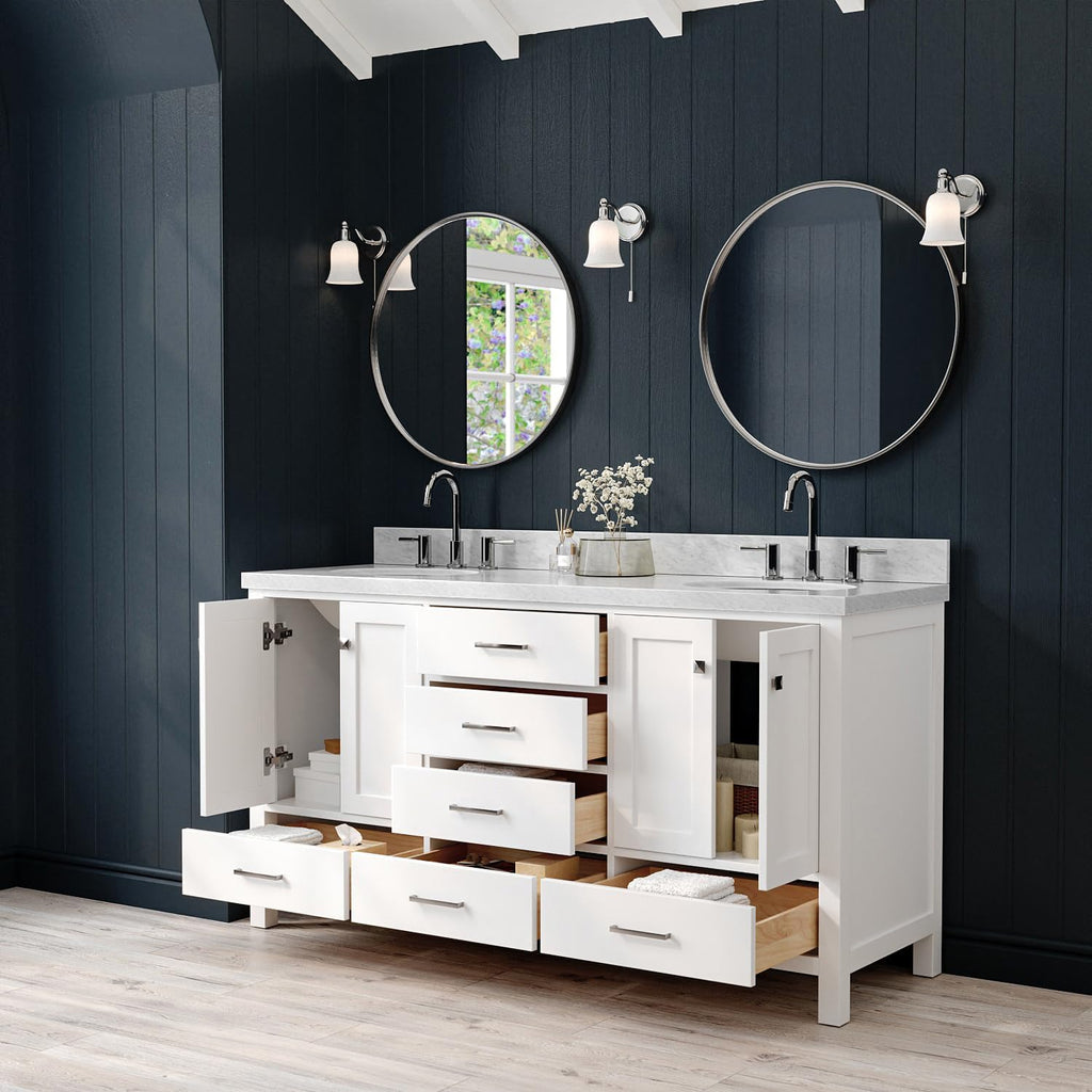 ARIEL Cambridge 66-inch Bathroom Vanity with Sink,Solid Wood, 1.5-inch Italian Carrara Marble Countertop & Backsplash, Double Oval Porcelain Sink, 4 Soft Closing Doors, 6 Dovetail Drawers, White
