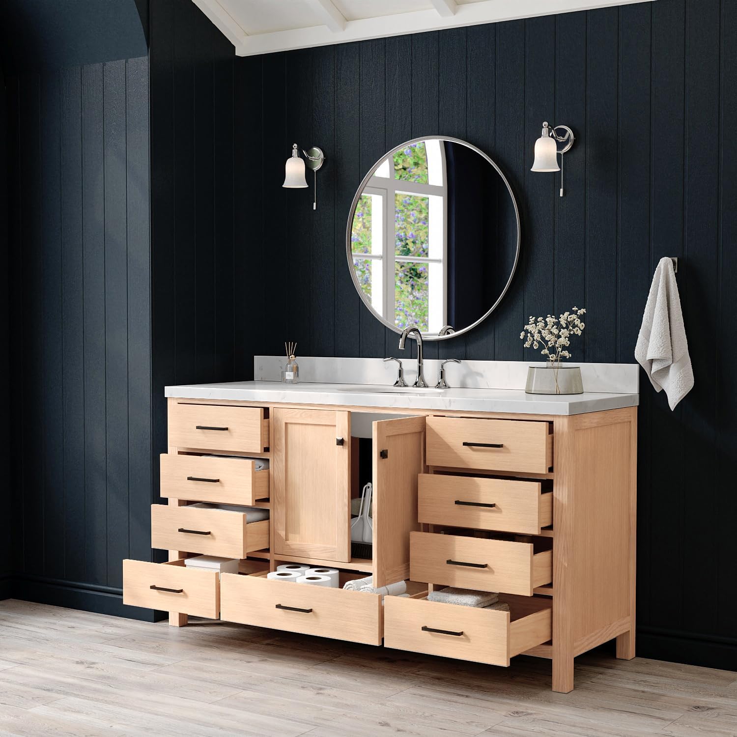 ARIEL Cambridge 66-inch Bathroom Vanity with Sink,Solid Wood, 1.5-inch Carrara White Quartz Countertop & Backsplash, Single Oval Porcelain Sink, 2 Soft Closing Doors, 9 Dovetail Drawers, White Oak