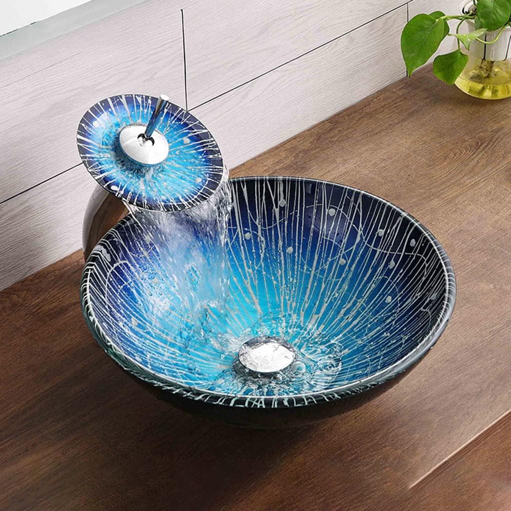 MBROS Tempered Glass Vessel Sink Mediterranean Style Art Wash Basin Counter Top Installation Vanity Sinks with Waterfall Chrome Faucet Combo and Pop Up Sink Drain (Color : Blue, Size : 42x42x14.5c