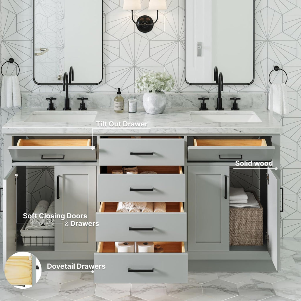 ARIEL Hepburn 66-inch Bathroom Vanity with Sink,Solid Wood, 1.5-inch Italian Carrara Marble Countertop, Double Rectangular Porcelain Sink, 4 Soft Closing Doors, 6 Dovetail Drawers, Grey