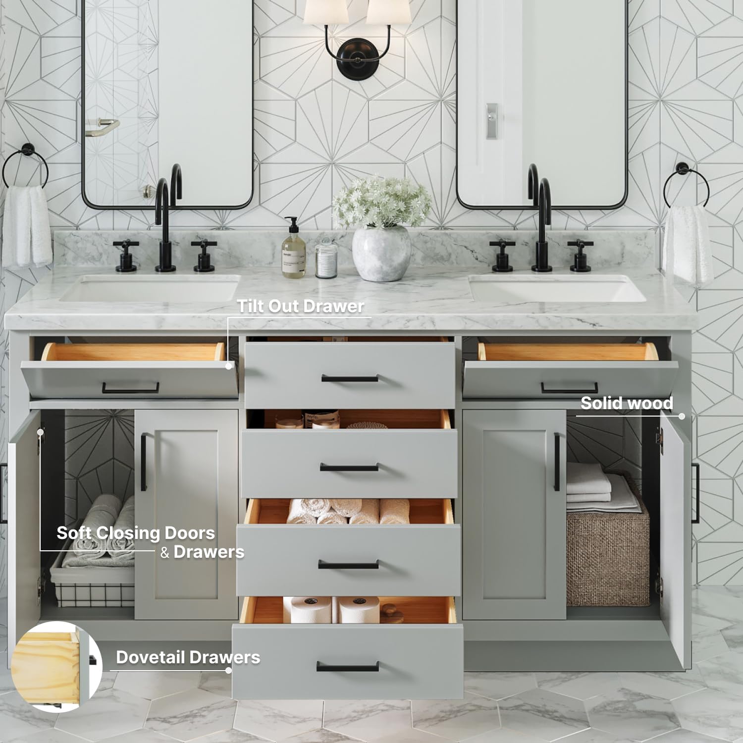 ARIEL Hepburn 66-inch Bathroom Vanity with Sink,Solid Wood, 1.5-inch Italian Carrara Marble Countertop, Double Rectangular Porcelain Sink, 4 Soft Closing Doors, 6 Dovetail Drawers, Grey