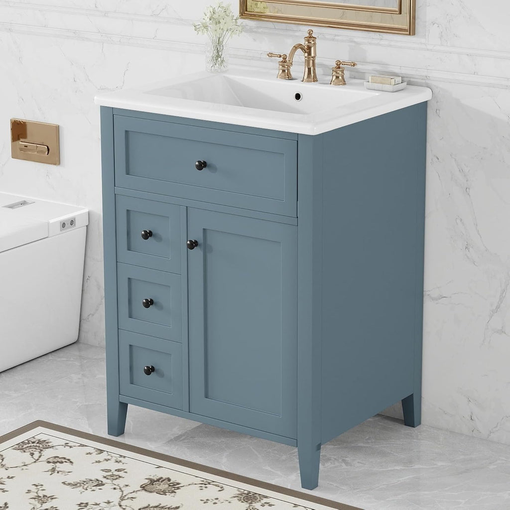 Harper & Bright Designs 24' Bathroom Vanity with Sink, Free Standing Vanity Set with 4 Drawers, Storage Racks, and Adjustable Shelf, Wood Bathroom Cabinet with Ceramic Basin for Bathroom, Blue Grey