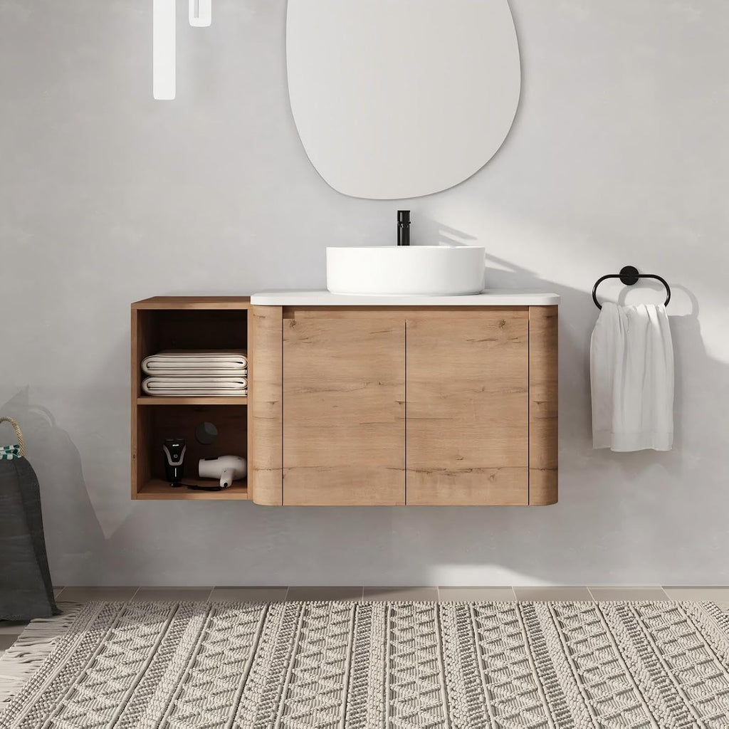 42' Bathroom Vanity with Sink, 42 Inch Floating Vanity with Ceramic Sink, Single Sink Wall Mounted Vanity Combo, Modern Brown Bathroom Vanity Set with 2 Soft Close Door and 1 Storage Shelf