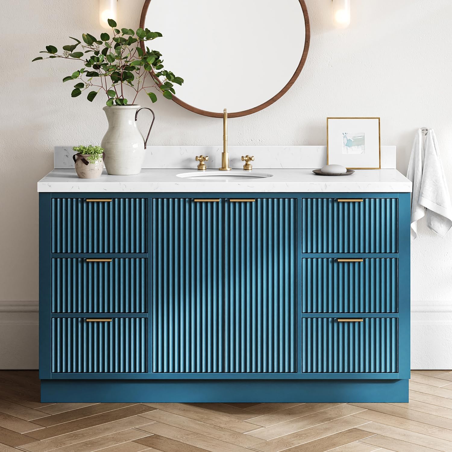 ARIEL Milan 60-inch Bathroom Vanity with Sink,Solid Wood, 1.5-inch Carrara White Quartz Countertop, Single Oval Porcelain Sink, Soft Closing Doors, Dovetail Drawers, Vintage Blue