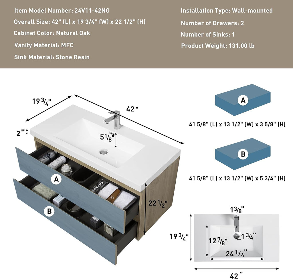 42' Floating Bathroom Vanity with Sink, Modern Wall Mounted Bathroom Storage Vanity Cabinet with Resin Top Basin and Soft Close Drawers, Natural Oak 24V11 42NO