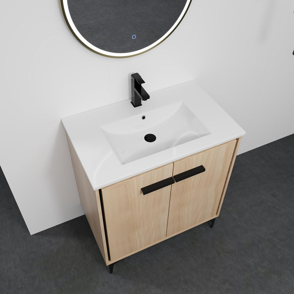 30 Inch Bathroom Vanity with Sink, Freestanding Single Sink Bathroom Vanity with Soft Closed Doors, Integrated Sink, Engineered Wood Bathroom Sink Vanity (Oak)