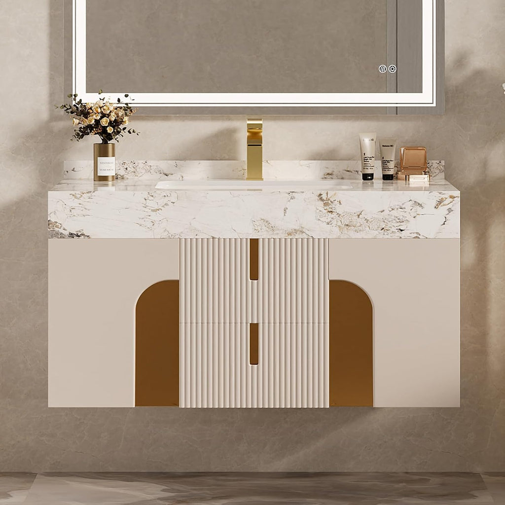 homary 36 Inch Bathroom Vanity with Sink, Contemporary Floating Vanity with Sintered Stone Countertop & Undermount Ceramic Basin, 2 Drawers & 2 Open Shelves, Space Saving Design, Beige