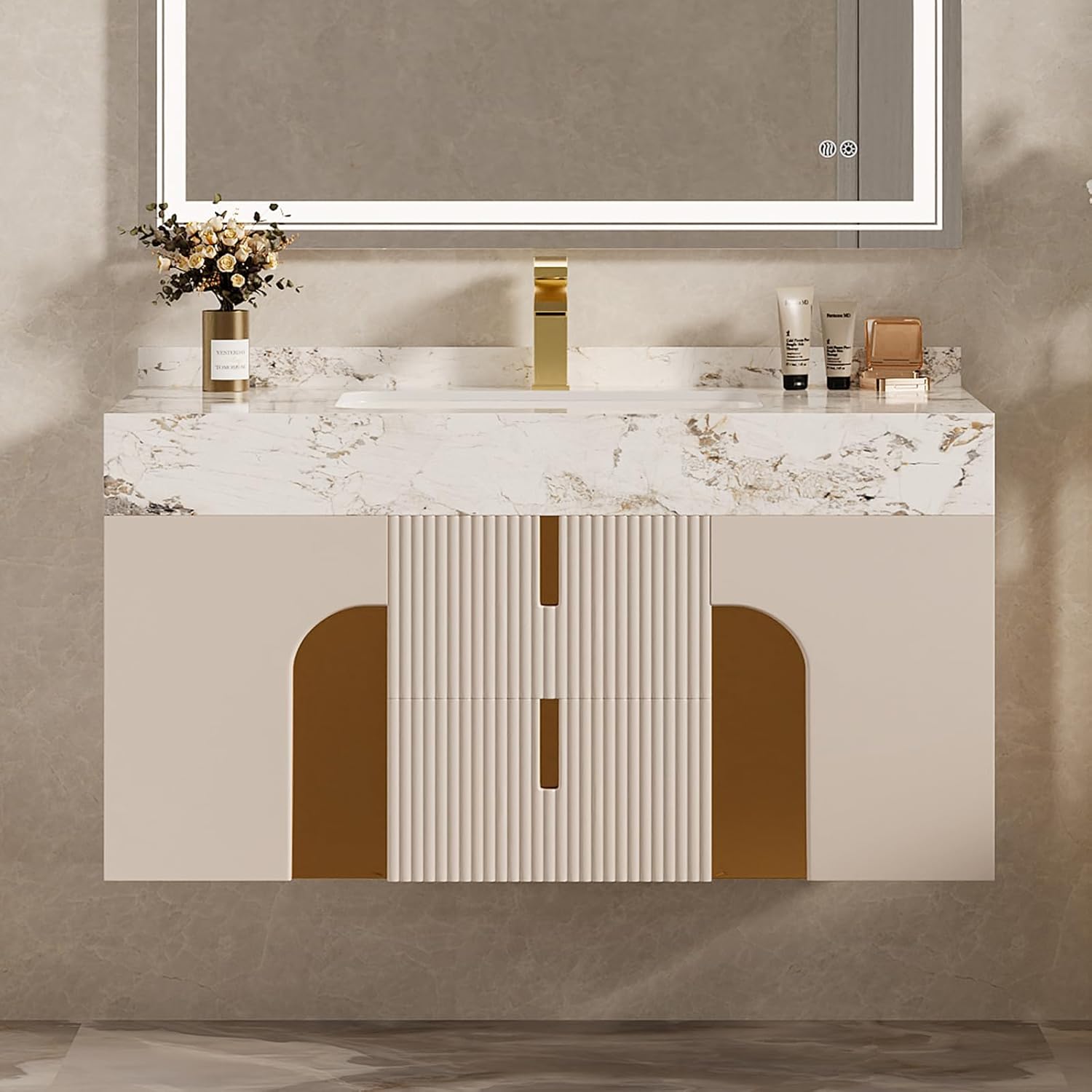 homary 36 Inch Bathroom Vanity with Sink, Contemporary Floating Vanity with Sintered Stone Countertop & Undermount Ceramic Basin, 2 Drawers & 2 Open Shelves, Space Saving Design, Beige