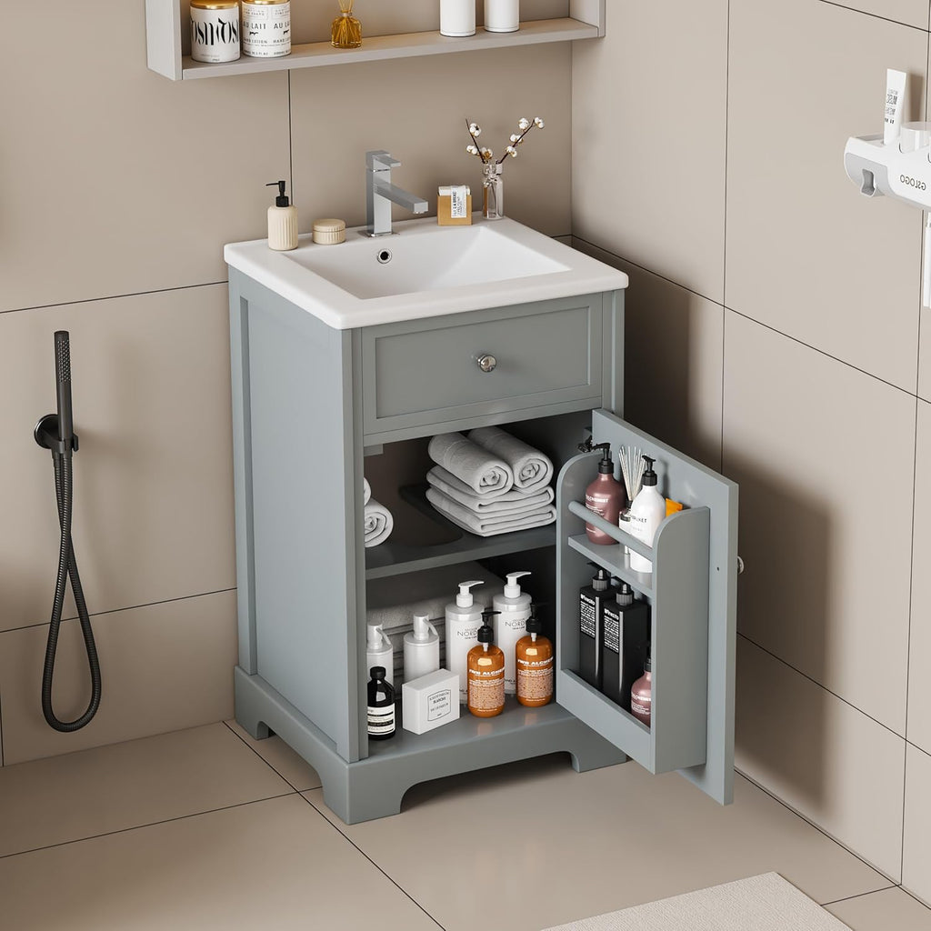 Harper & Bright Designs 20' Bathroom Vanity with Sink, Free Standing Single Basin Vanity Set with Soft Closing Door and Storage Rack, Solid Wood Bathroom Cabinet with Ceramic Basin for Bathroom, Grey