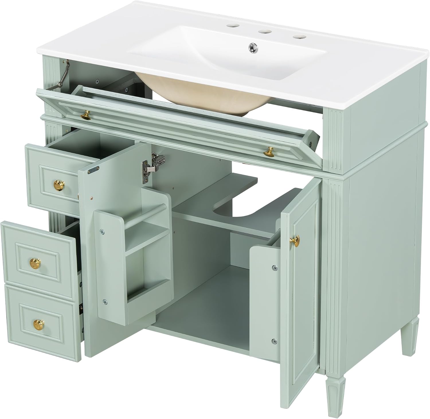36' Bathroom Vanity Cabinet with Ceramic Countertop Sink Combo Set, Solid Wood Frame, Tilt-Out Drawers and Left Side Drawers, Soft Closing Door Hinges, Green