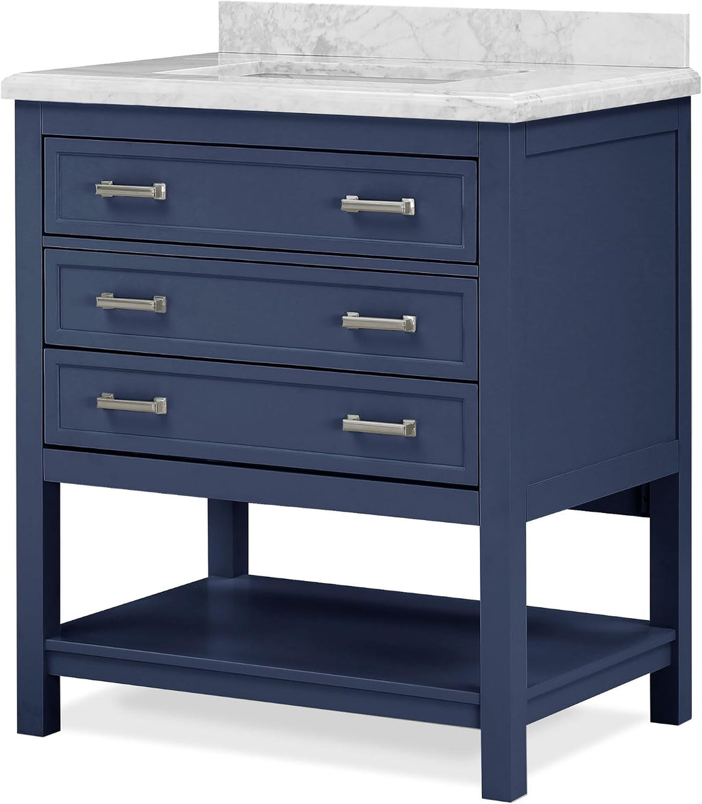 Furniture of America Genevieve 31 inch Modern Bathroom Vanity with Sink, Wood Cabinet with Carrera Marble Top, Soft-Closing Drawers and Open Shelf, Blue