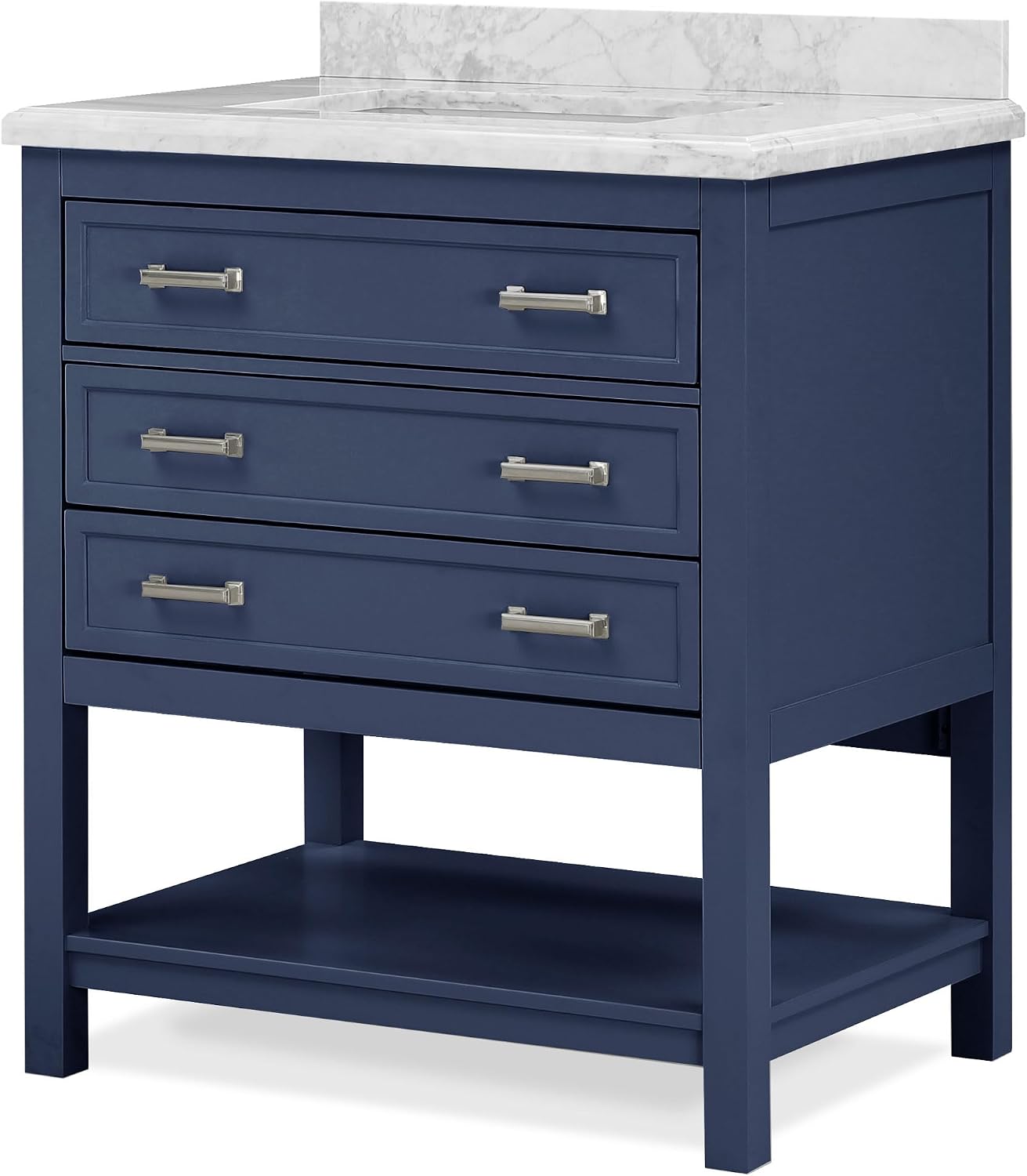 Furniture of America Genevieve 31 inch Modern Bathroom Vanity with Sink, Wood Cabinet with Carrera Marble Top, Soft-Closing Drawers and Open Shelf, Blue