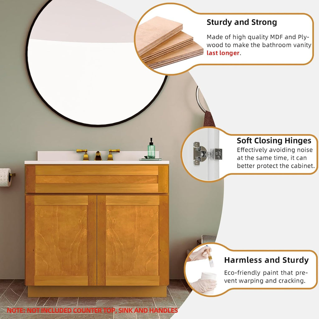 KitchenMan 30 Inch Bathroom Vanity Without Sink and Top Unassembled Bathroom Sink Cabinet not Include Handles, Double Door Bathroom Vanities for Bedroom, Maple Shaker