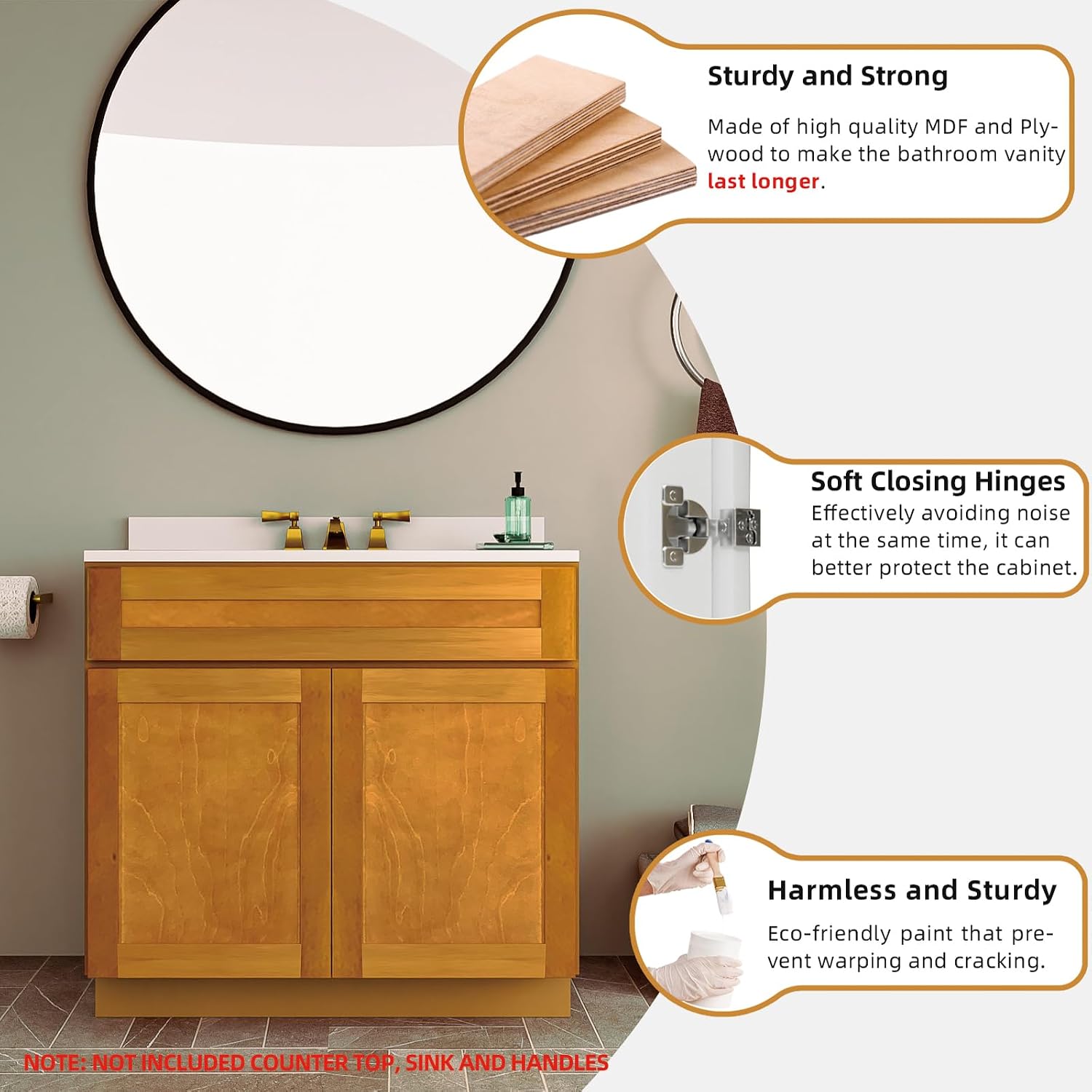 KitchenMan 30 Inch Bathroom Vanity Without Sink and Top Unassembled Bathroom Sink Cabinet not Include Handles, Double Door Bathroom Vanities for Bedroom, Maple Shaker