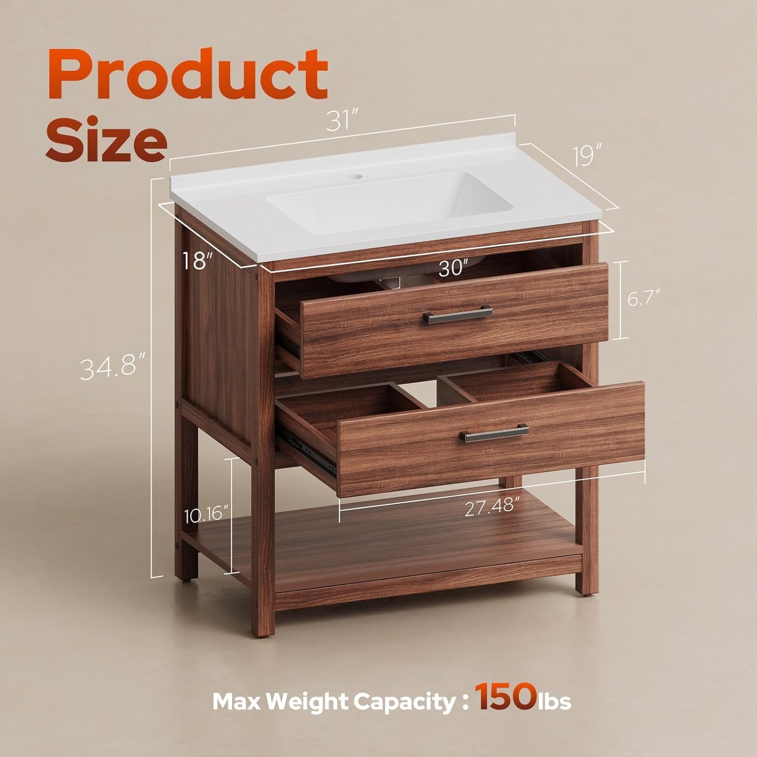 30 Inch Poly Lumber Bathroom Vanity with Sink Combo, Waterproof Freestanding Cabinet, SMC Resin Countertop with 2 Drawers & Open Storage Shelf, Adjustable Feet, Zinc-Alloy Handles, Rustic Brown