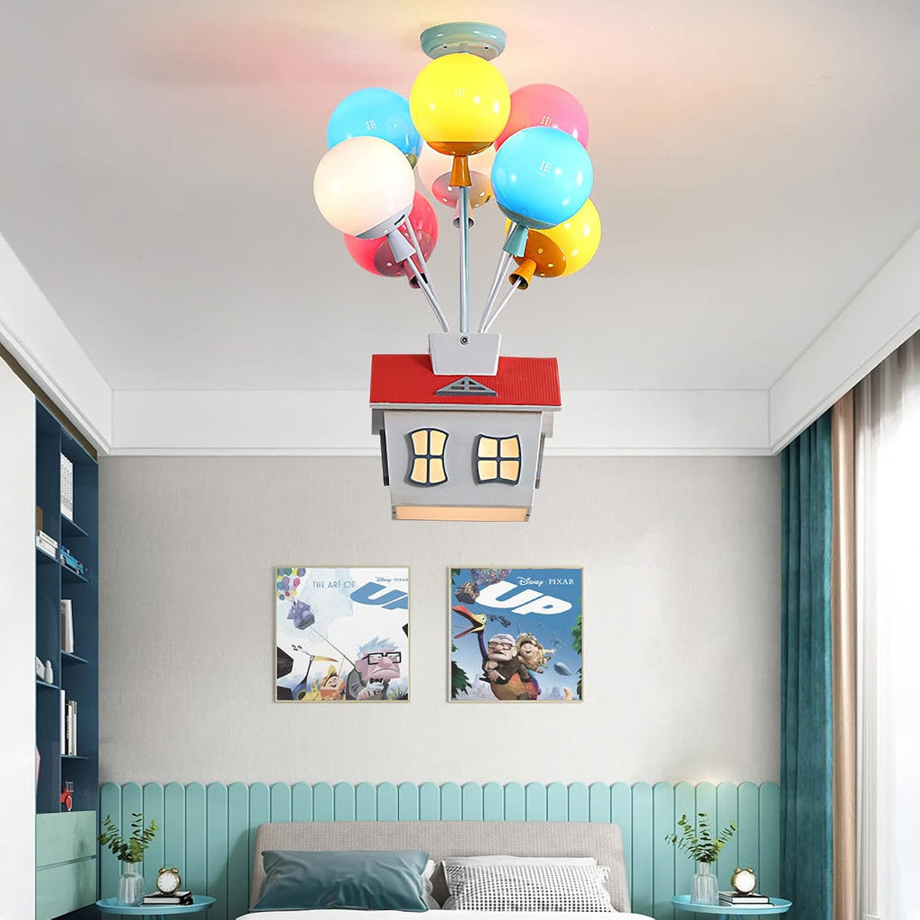 Kids House Shape Ceiling Light Colorful Balloon Wood Chandelier Cartoon House Shape with Acrylic lampshade Sputnik Ceiling Light for Girls Boys Kid's Bedroom (D18.1*H22.8IN (8 Light))